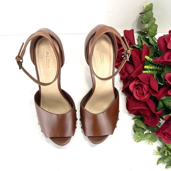 ALDO LARAA BROWN LEATHER WOODEN HEELED SANDALS - Picture 8 of 16